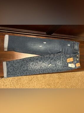 Women's Dark Blue Floral-Pattern Skinny Jeans